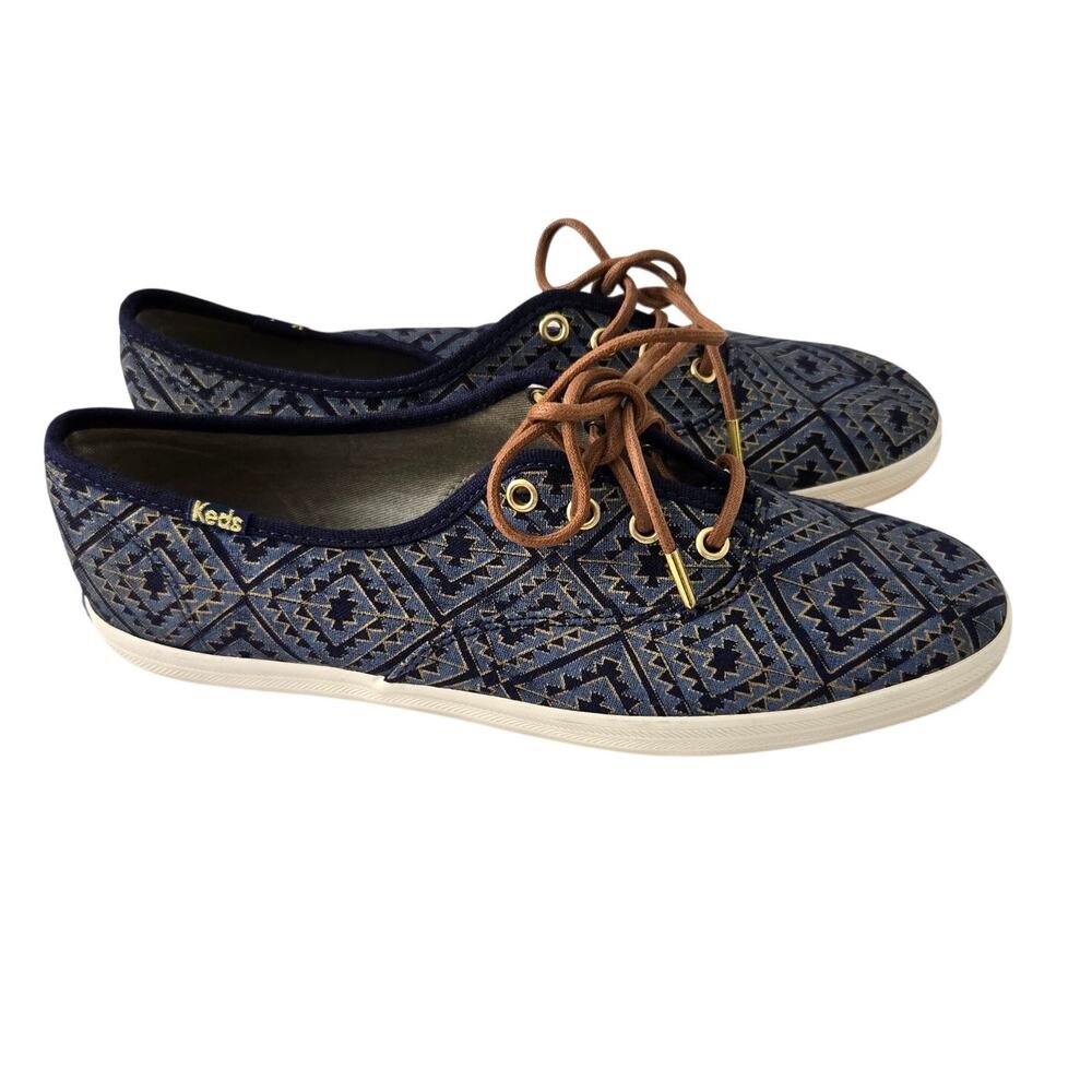 Keds Champion Tribal Metallic Navy Blue Geometric Preppy Print Boho Sneakers 8.5